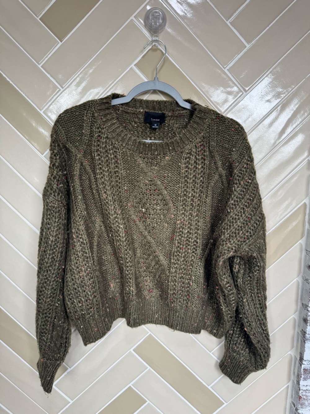 Lumiere Olive Green Cable Knit Crewneck Sweater